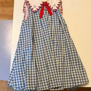 Blue Gingham Sleeveless Girls Dress with Red Trim